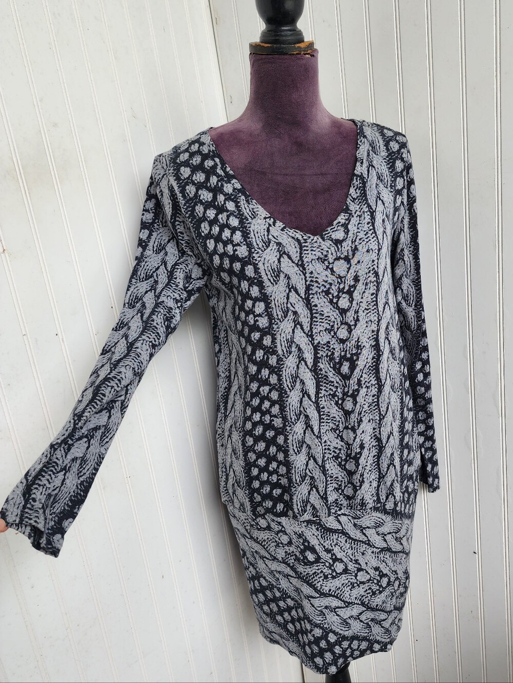 DKNY Jeans Womens Gray Black Cotton Knit Print Dress V-Neck Long Sleeve Jersey M